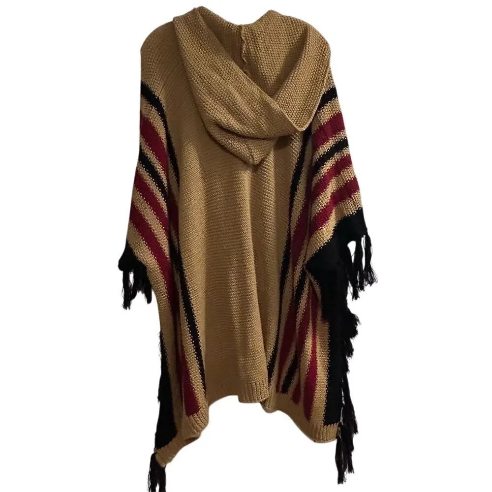 Women's Hooded Poncho Cape Brown Fringe Striped One Size‎